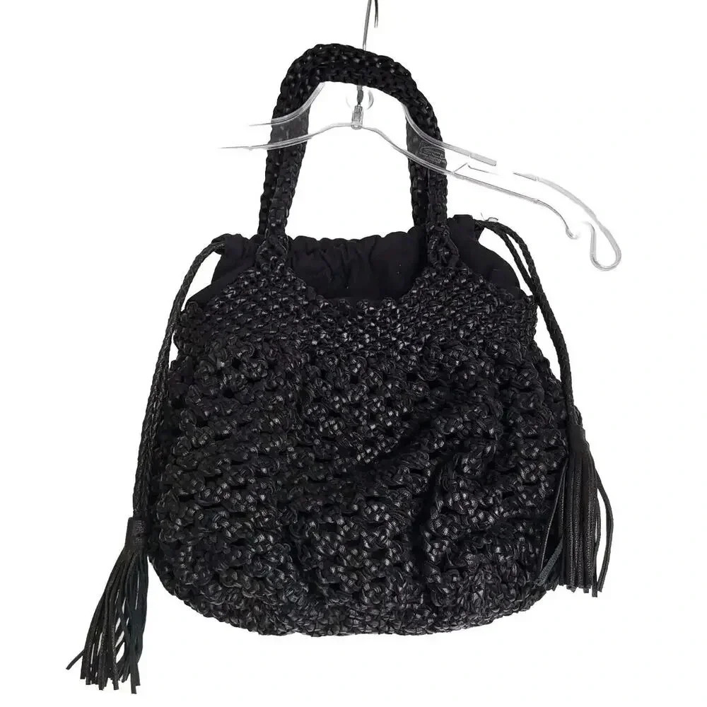 NWT $297 Martina Caponi Braided 2Way Hand Bag/Leather W Linen Black NEW … - Picture 1 of 13